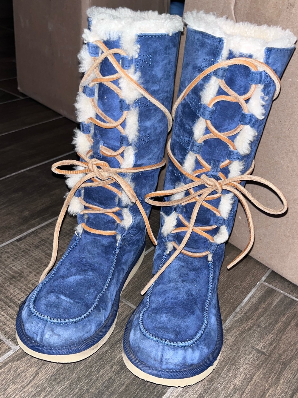 UGG Navy Suede Lace-Up Shearling Winter Boots